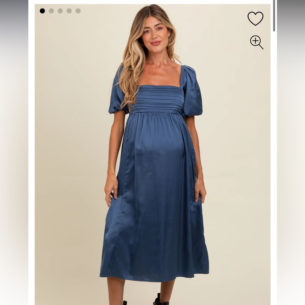Blue Satin Pleated Bodice Puff Sleeve Maternity Midi Dress